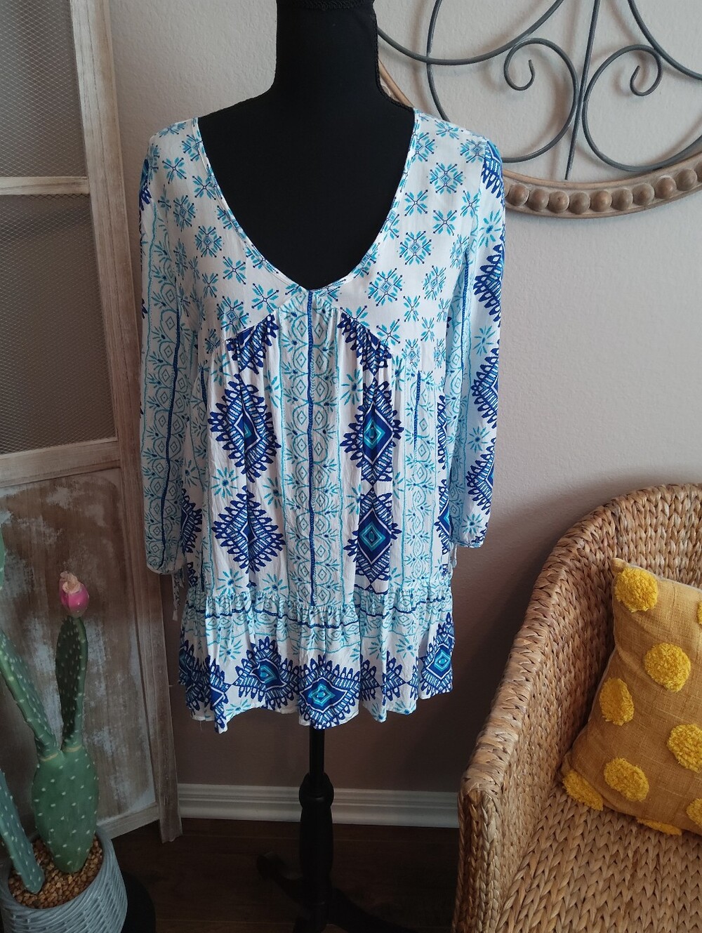 Grand & Greene Blue Patterned V-Neck Women’s Tunic Top